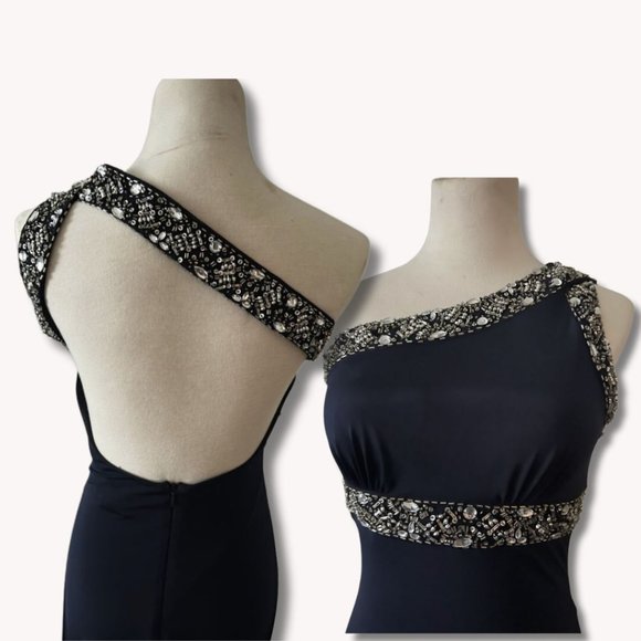 Formal gown | Navy blue | one shoulder | beaded straps - Picture 3 of 8